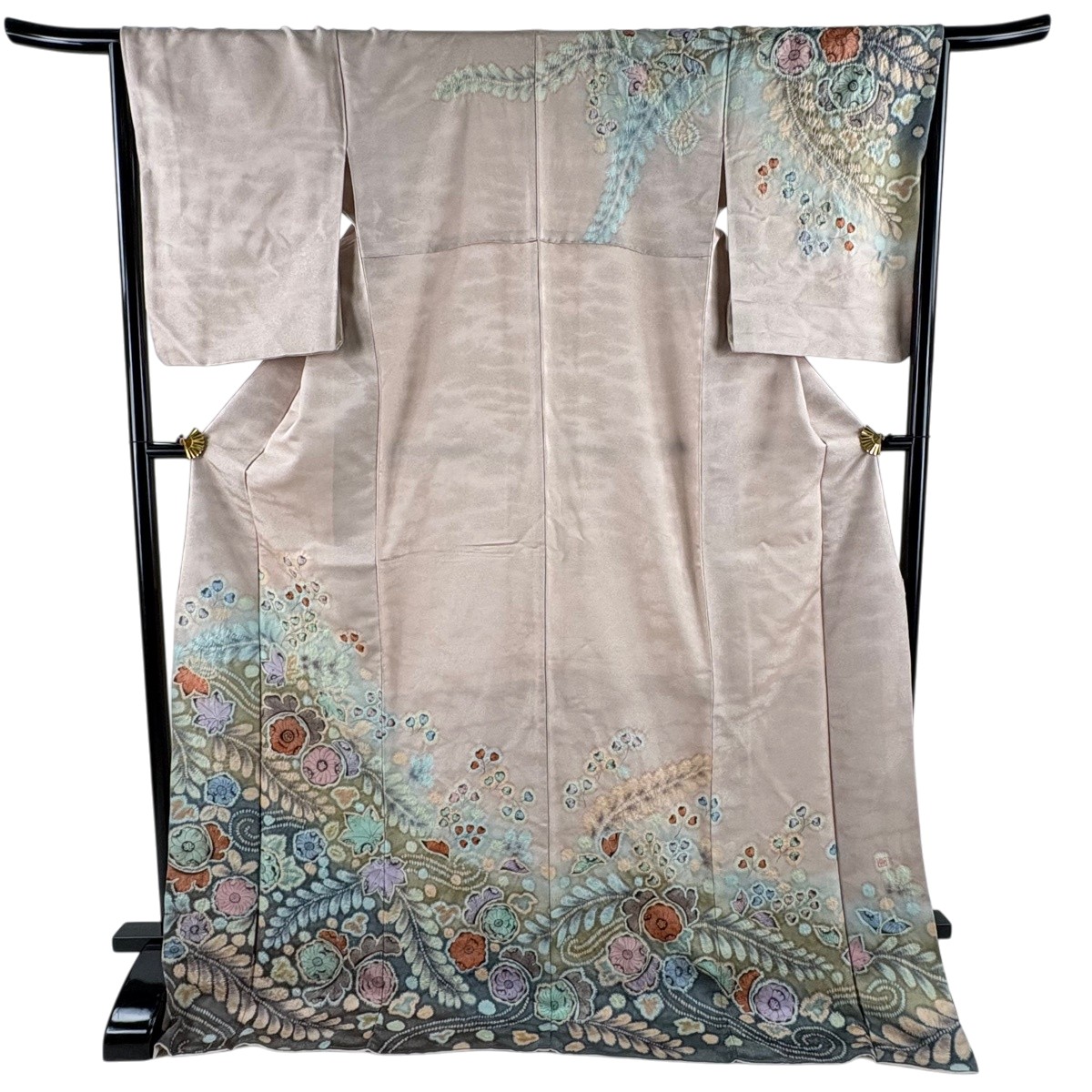 訪問着 身丈178.5cm 裄丈65.5cm M 袷 落款あり 辻が花柄 銀通し 絞り 薄ピンク 正絹 名品 【中古】