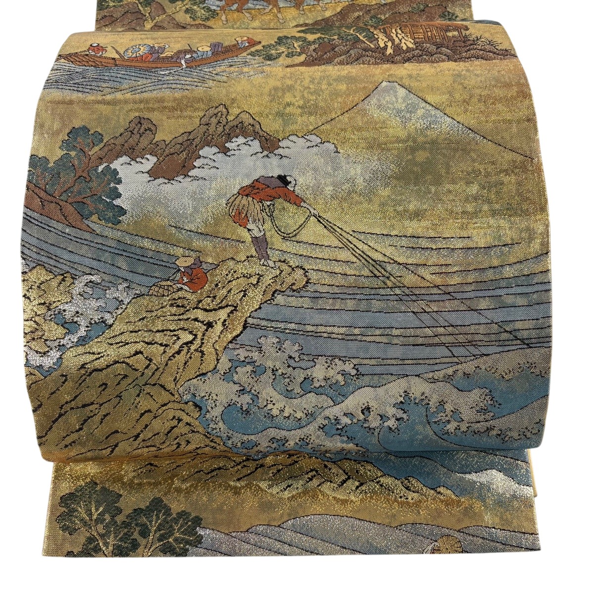 【美品】 袋帯 秀品 富嶽三十六景 葛飾北斎名画集 箔 金色 全通 正絹 【中古】
