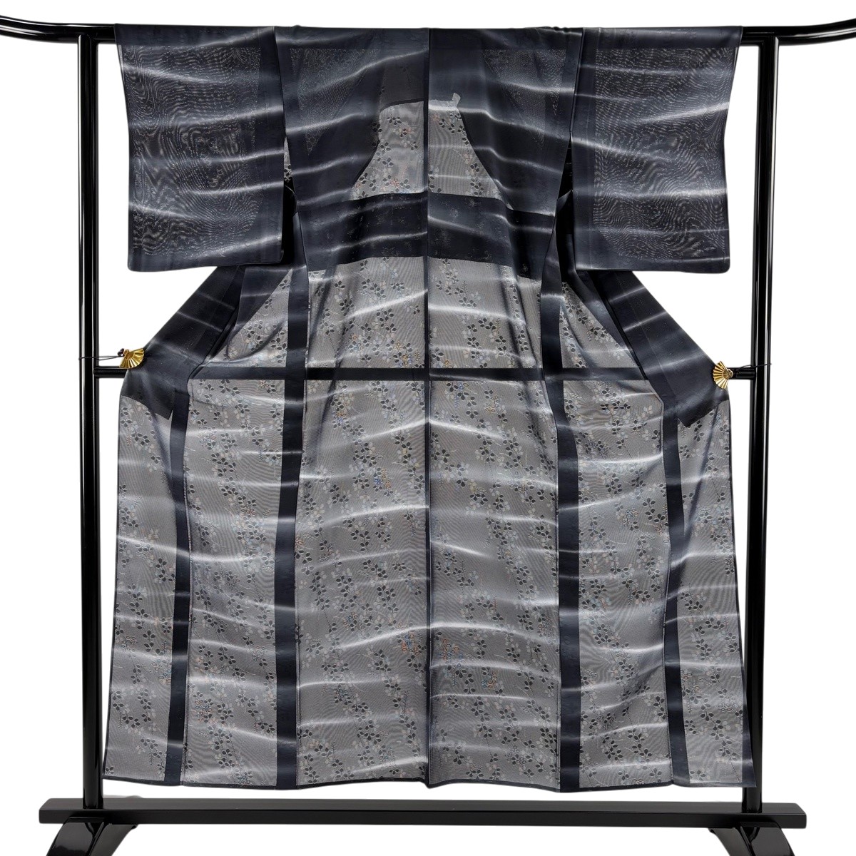 小紋 身丈154cm 裄丈61cm S 薄物 絽 萩 縞 墨色 正絹 秀品 【中古】 9,204円
