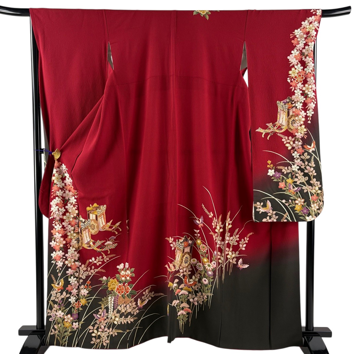 振袖 身丈161.5cm 裄丈67cm M 袷 御所車 桜 金彩 ぼかし 赤 正絹 秀品 【中古】