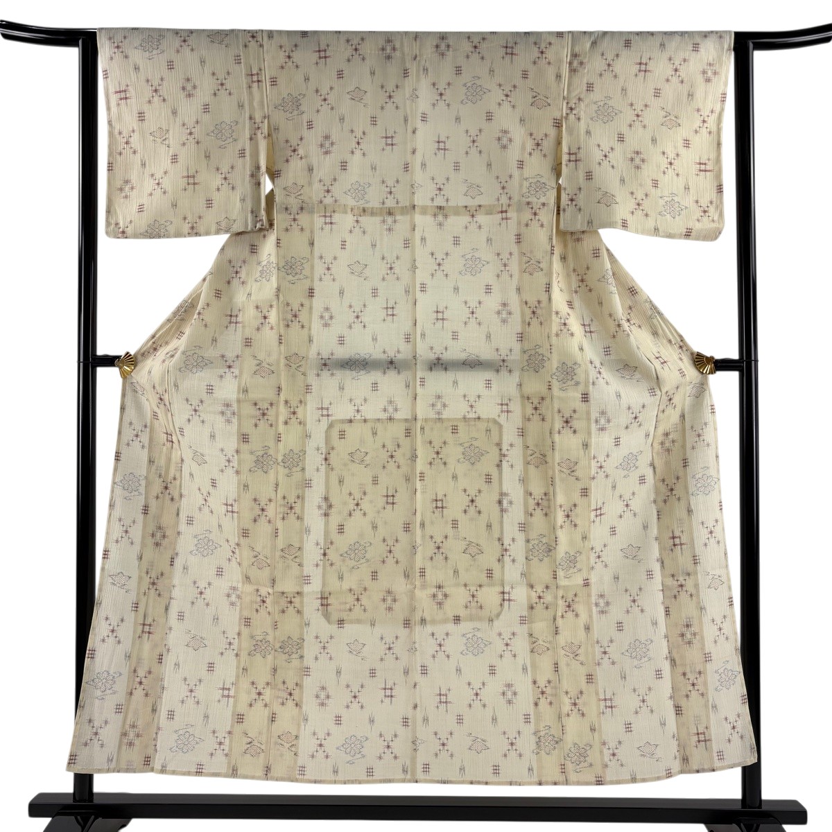紬 身丈154.5cm 裄丈62.5cm S 薄物 夏紬 草花 幾何学模様 ベージュ 正絹 秀品 【中古】