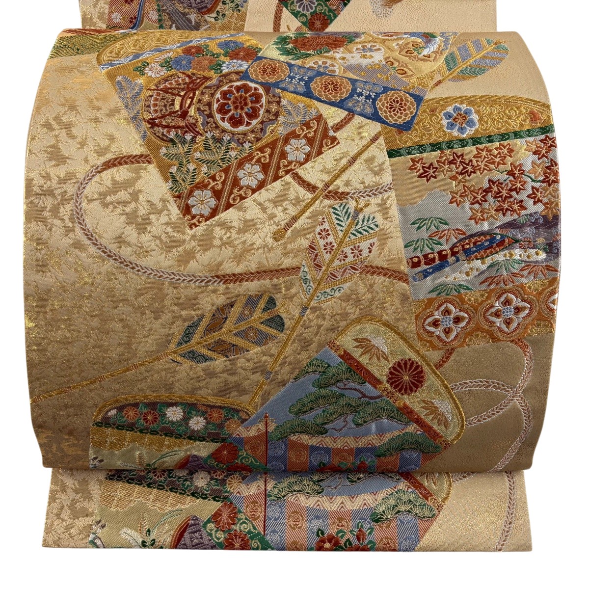 袋帯 秀品 松竹梅 鼓 金糸 箔 薄茶色 六通 正絹 【中古】 4,964円