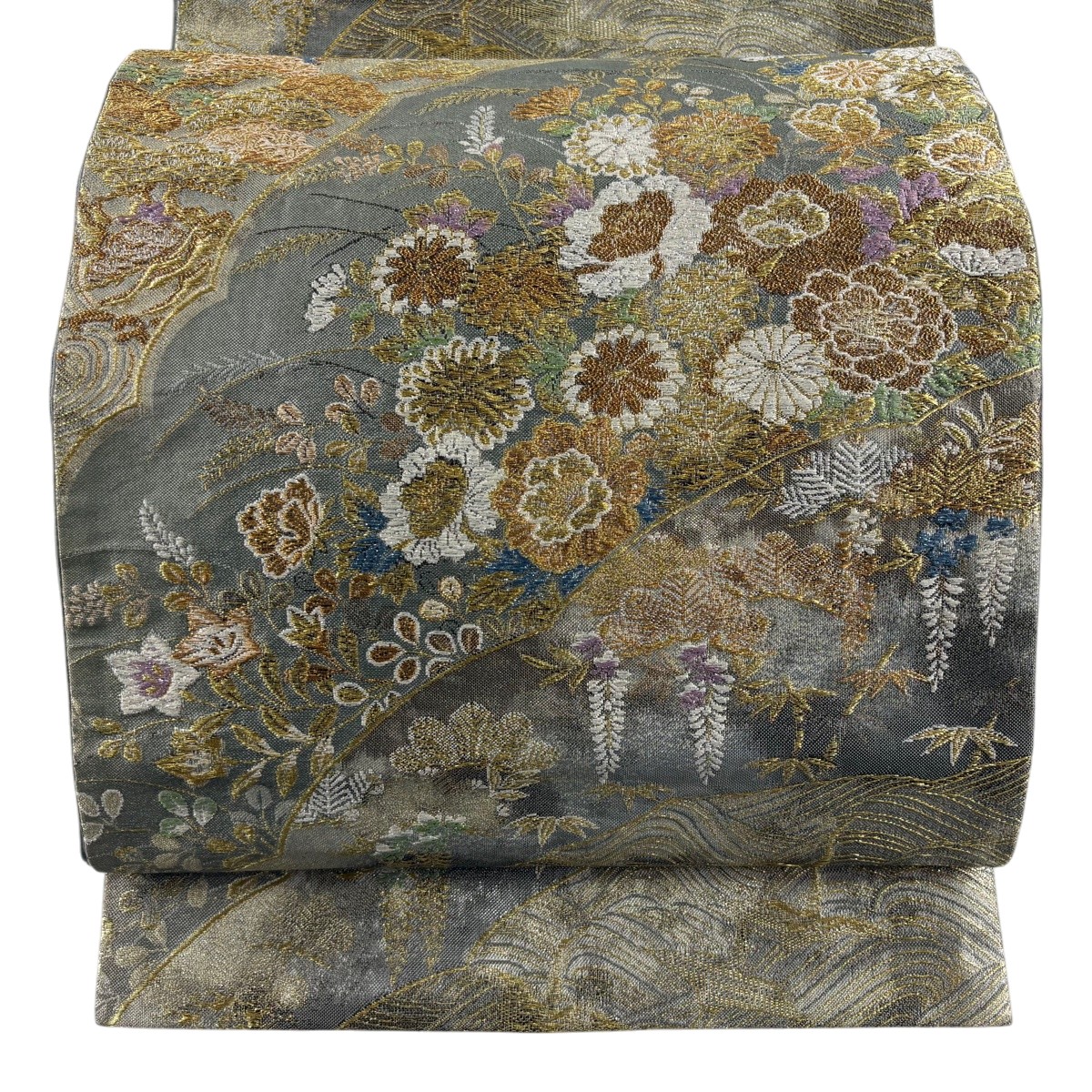 袋帯 秀品 菊 萩 金糸 箔 灰色 六通 正絹 【中古】