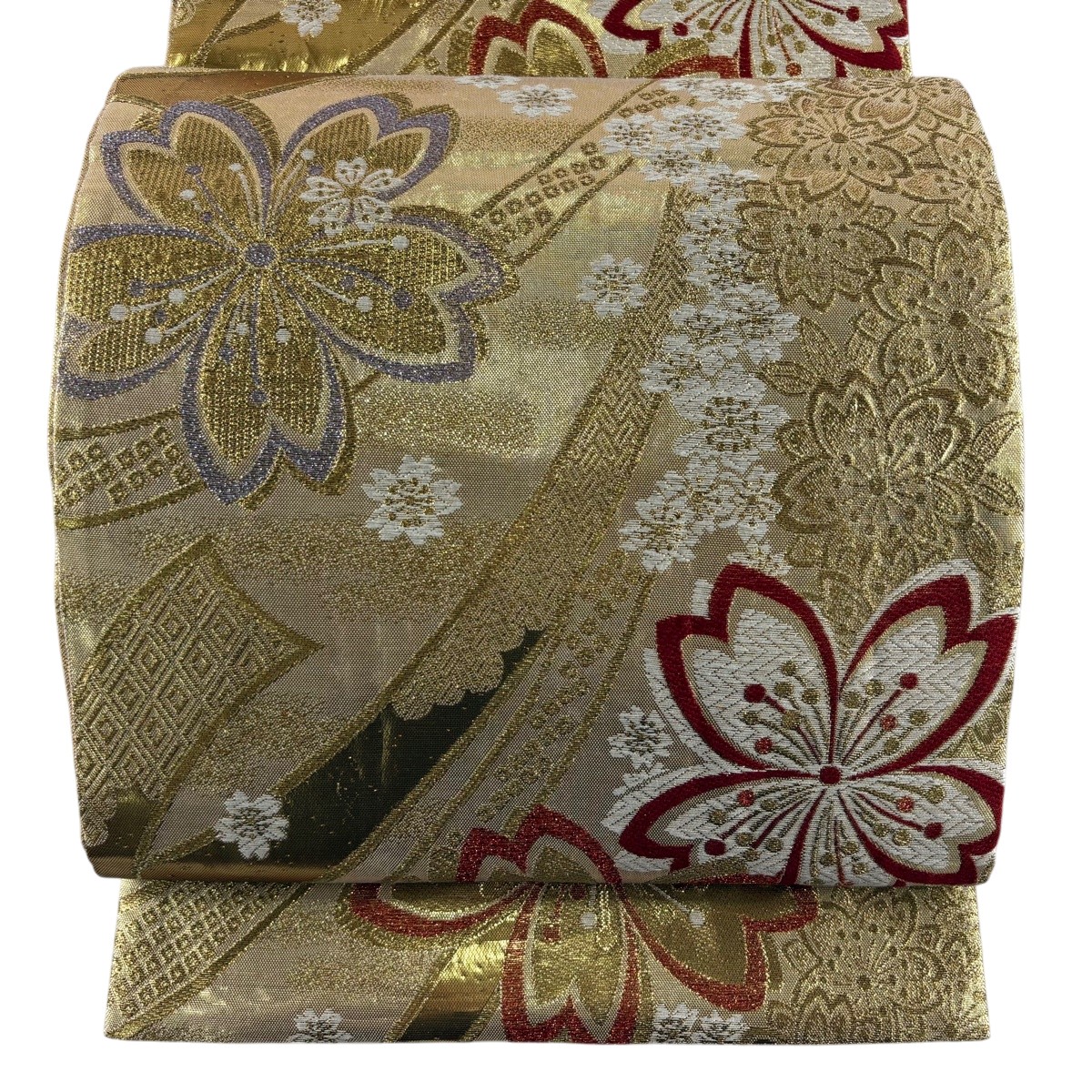 袋帯 秀品 桜 熨斗 金糸 箔 金色 六通 正絹 【中古】