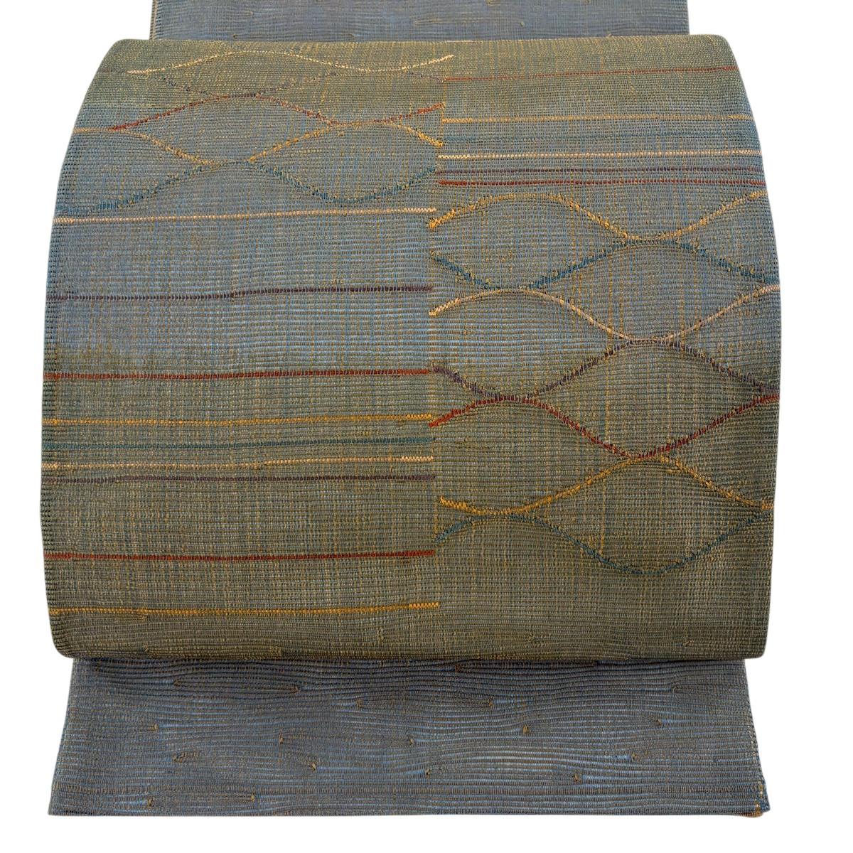 【美品】 袋帯 秀品 夏帯 絽 関西仕立て 縞 幾何学 茶緑色 お太鼓柄 正絹 【中古】