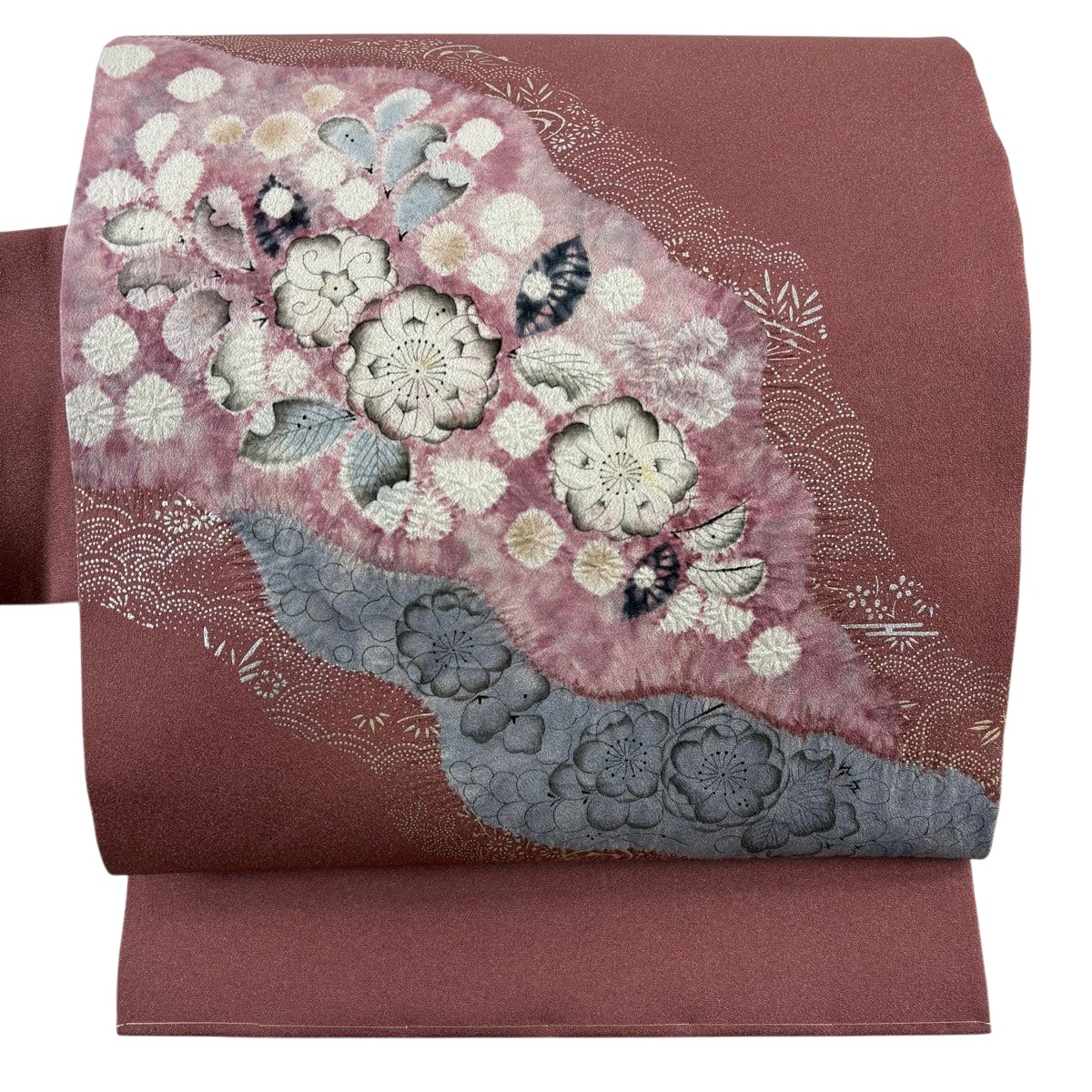 【美品】 名古屋帯 名品 辻が花柄 銀通し 銀彩 小豆色 正絹 【中古】