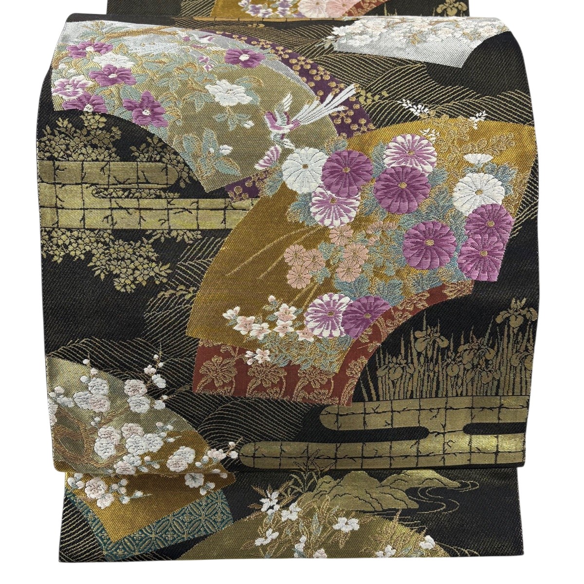 袋帯 名品 じゅらく 落款あり じゅらく帝王紫 扇面 花鳥 金銀糸 箔 黒 お太鼓柄 正絹 【中古】