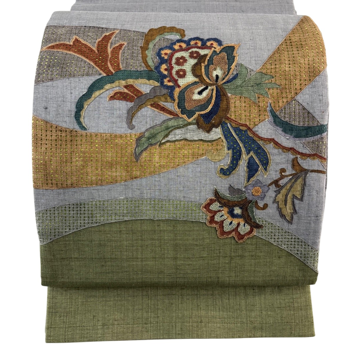 袋帯 名品 紬地 関西仕立て 草花 刺繍 灰色 お太鼓柄 正絹 【中古】
