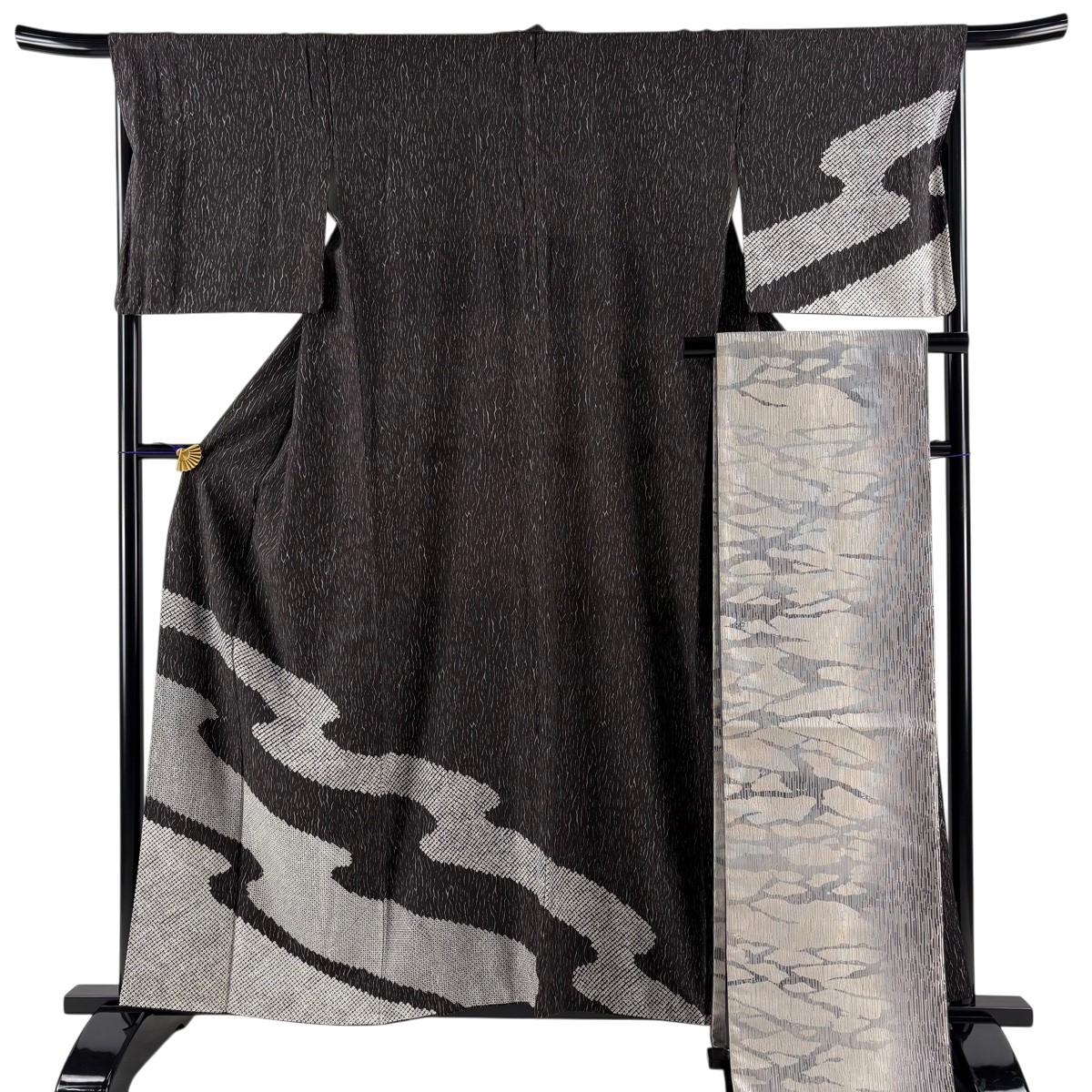 【美品】 付下げ 身丈159cm 裄丈67cm M 袷 袋帯セット 霞 幾何学模様 焦茶色 正絹 名品 【中古】
