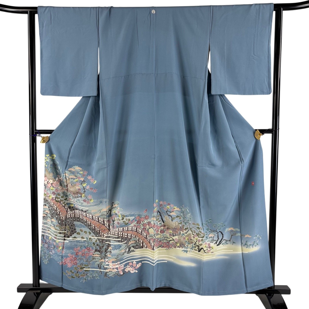 色留袖 身丈156.5cm 裄丈63cm S 袷 杉浦伸 落款あり 建物 松竹梅 ぼかし 水色 正絹 名品 一つ紋 【中古】