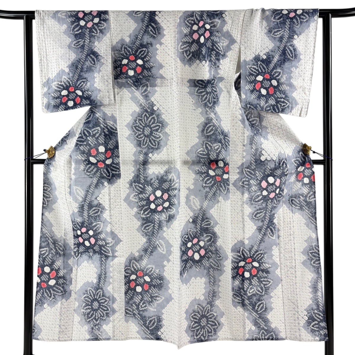 【美品】 浴衣 身丈148cm 裄丈61cm S 絞り浴衣 草花 灰紫 綿 名品 【中古】