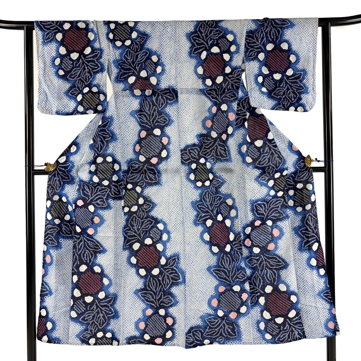 浴衣 身丈147cm 裄丈63cm S 絞り浴衣 草花 青 綿 名品 【中古】