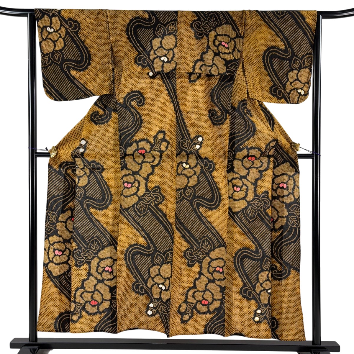 【美品】 浴衣 身丈155cm 裄丈64cm M 絞り浴衣 草花 流水 山吹色 綿 名品 【中古】