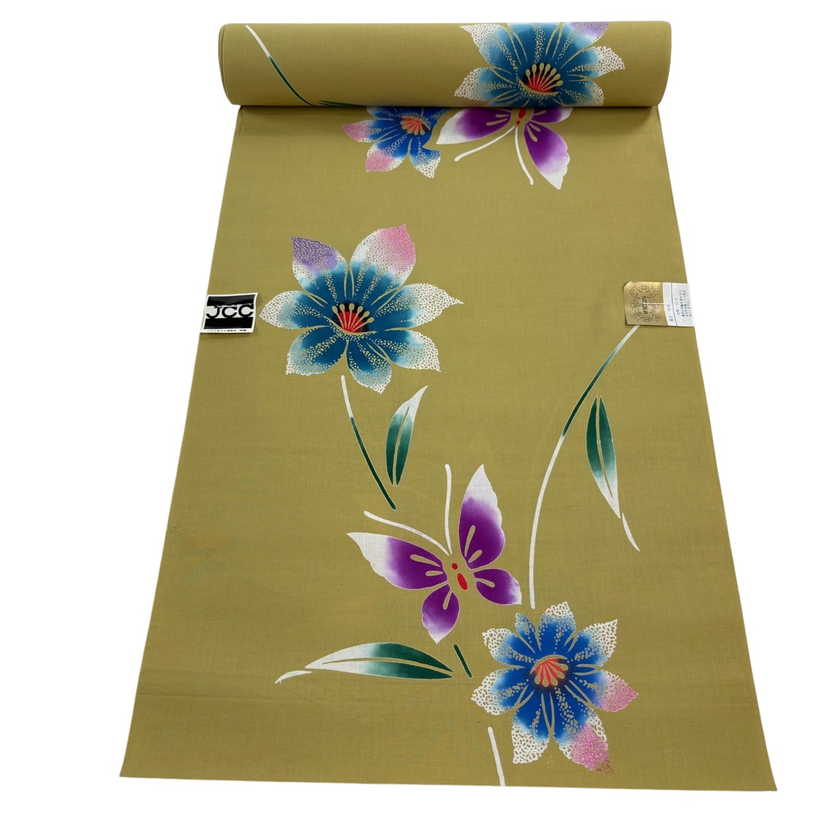 反物 優品 浴衣 草花 蝶 茶緑色 綿 【中古】