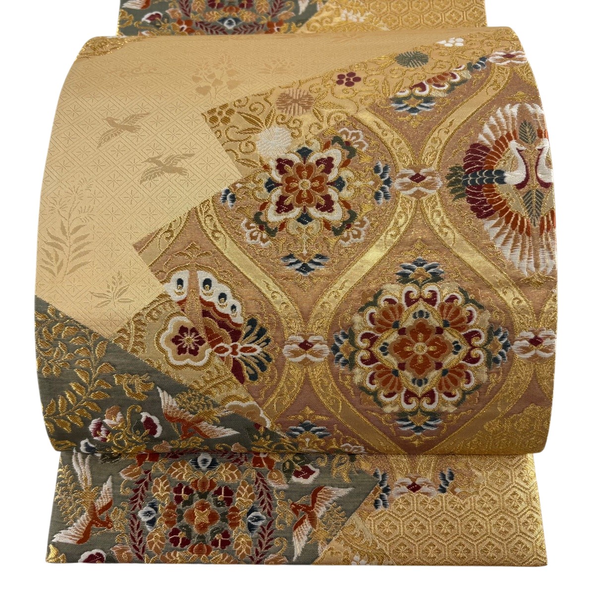 【美品】 袋帯 秀品 華文 鳥 金糸 箔 金色 六通 正絹 【中古】