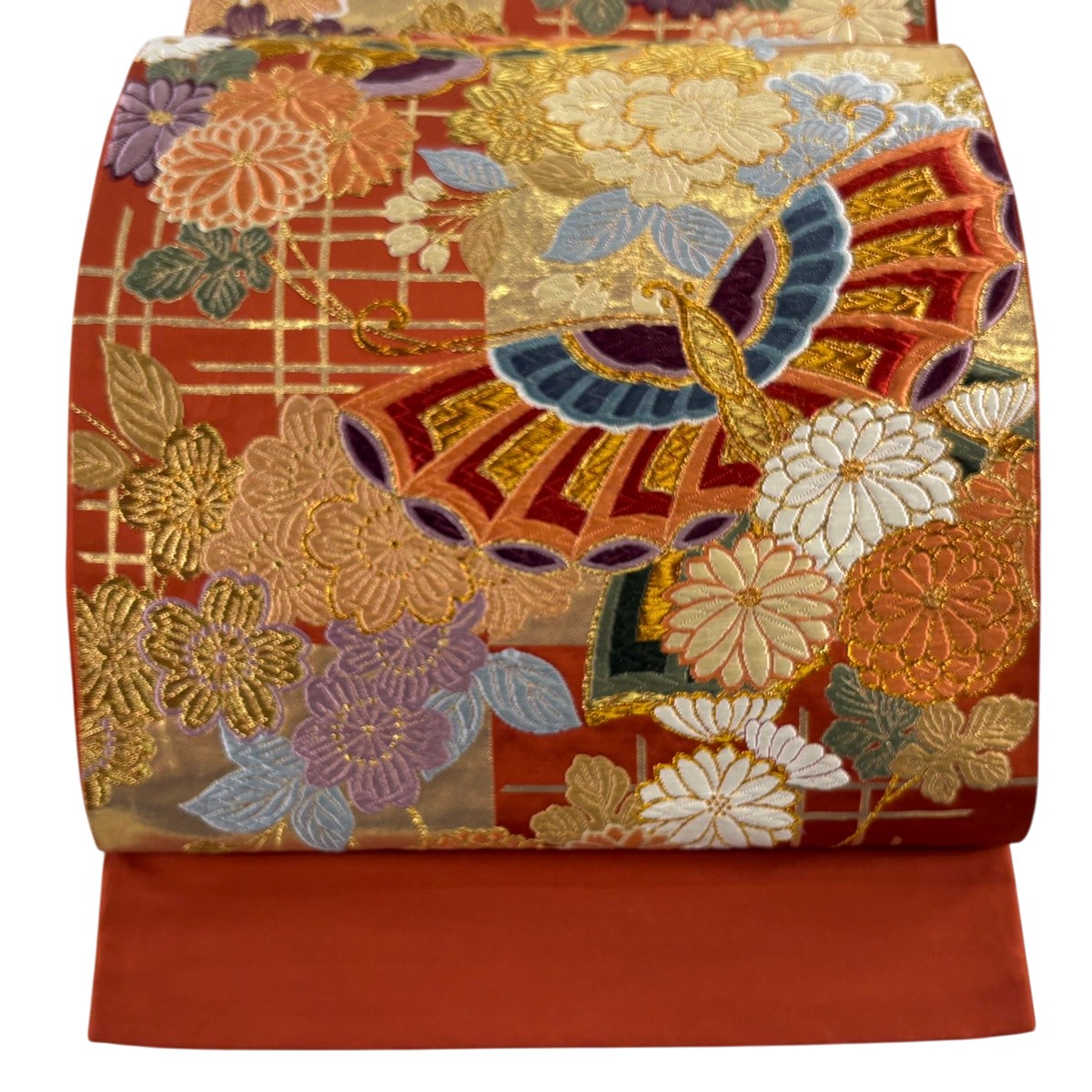 【美品】 袋帯 秀品 草花 蝶 金糸 唐織 朱色 六通 正絹 【中古】