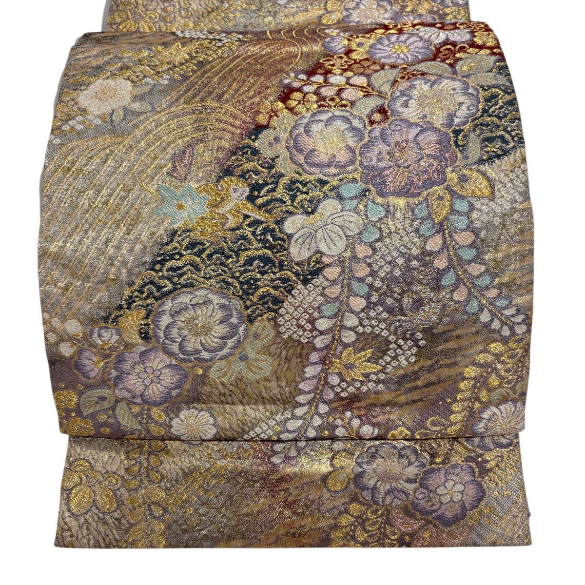 袋帯 秀品 やまと 草花 流水 金銀糸 箔 灰紫 六通 正絹 【中古】