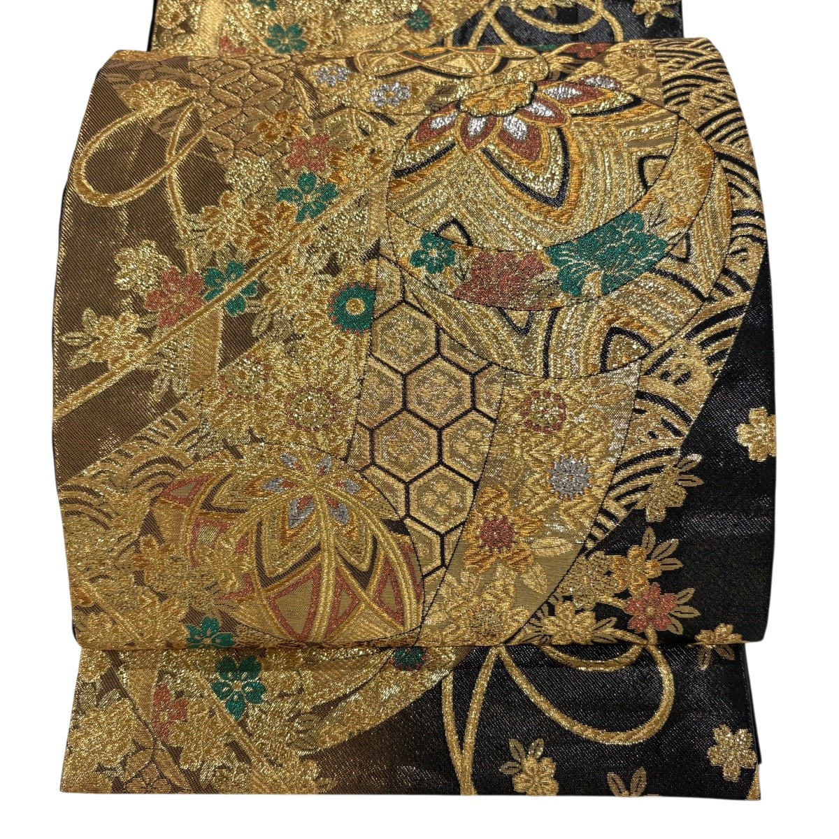 【美品】 袋帯 秀品 振袖向き 手鞠 桜 金糸 箔 黒 六通 正絹 【中古】
