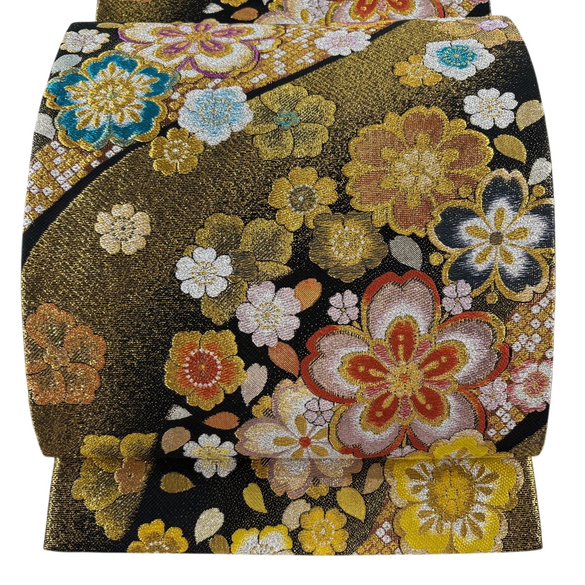 【美品】 袋帯 秀品 桜 花びら 金糸 箔 黒 六通 正絹 【中古】