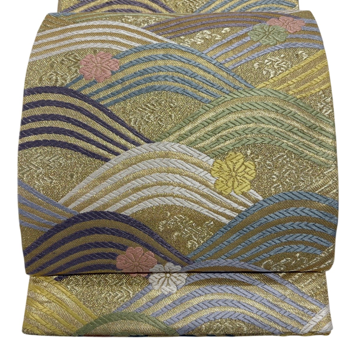 【美品】 袋帯 秀品 桜 波 刺繍 金糸 金色 六通 正絹 【中古】