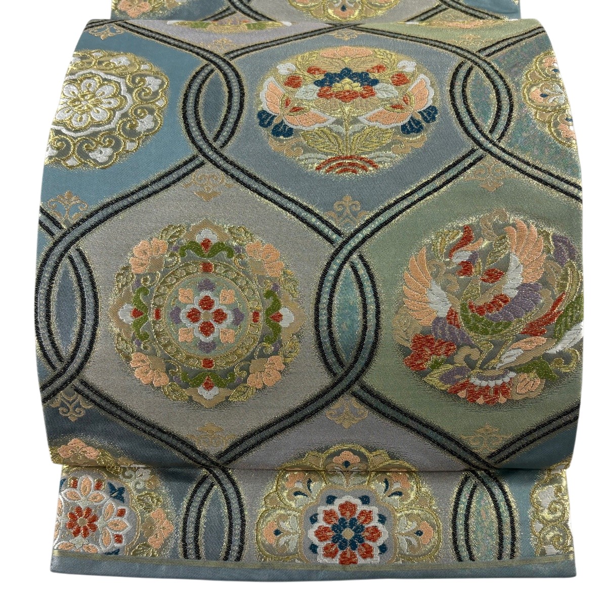袋帯 秀品 華文 向かい鳥 金糸 箔 青灰色 六通 正絹 【中古】