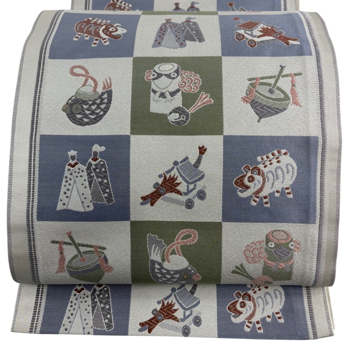 【美品】 袋名古屋帯 秀品 玩具 こま 灰色 正絹 【中古】