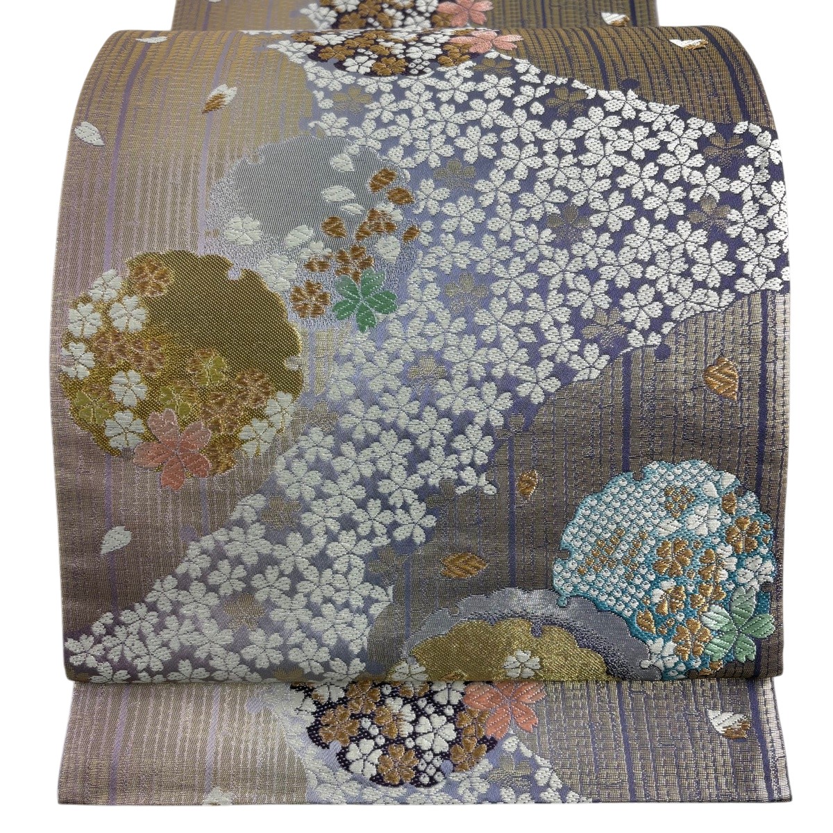 【美品】 袋帯 秀品 桜 雪輪 金銀糸 箔 灰紫 六通 正絹 【中古】