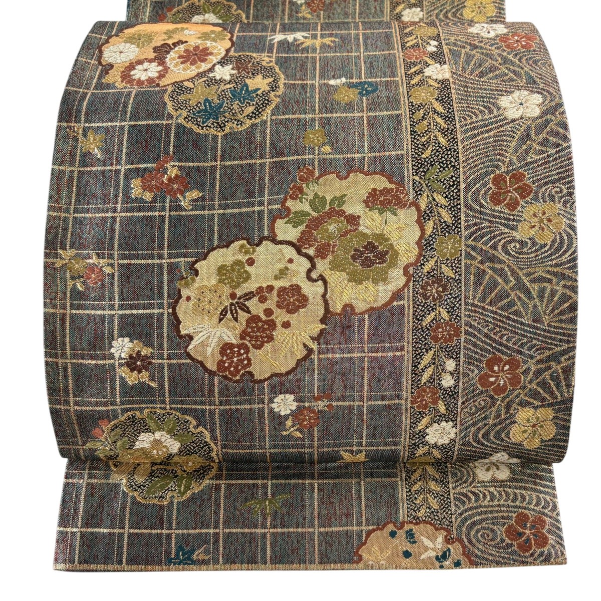 袋帯 秀品 雪輪 草花 金糸 箔 金色 六通 正絹 【中古】