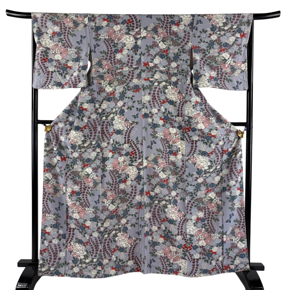 小紋 身丈164cm 裄丈65cm M 袷 蝶 草花 薄紫 正絹 秀品 【中古】
