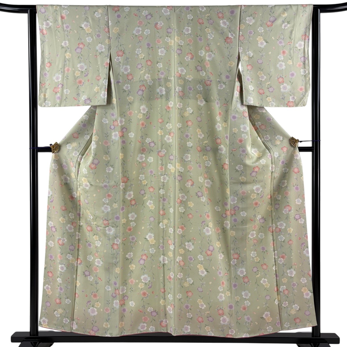 【美品】 小紋 身丈156.5cm 裄丈63.5cm S 袷 枝垂れ桜 金銀彩 薄緑 正絹 秀品 【中古】