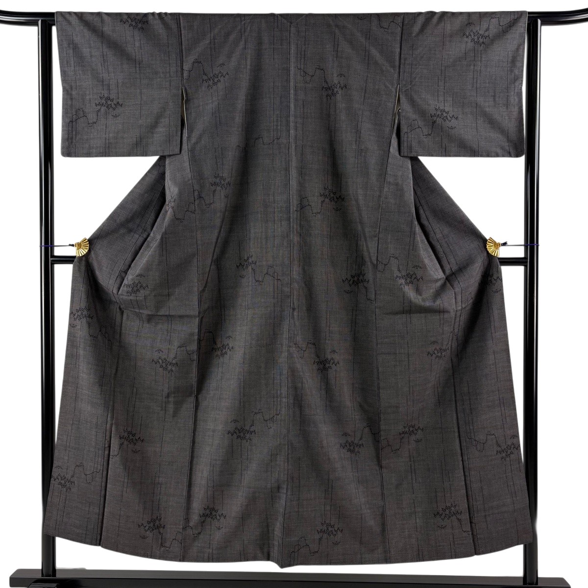 紬 身丈152cm 裄丈63.5cm S 袷 笹 幾何学 黒灰 正絹 秀品 【中古】