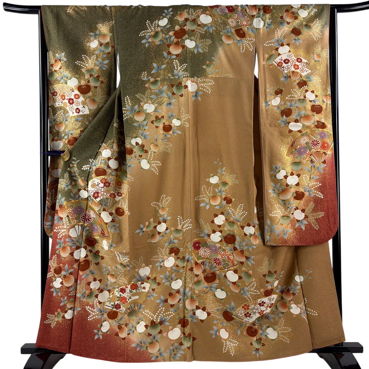 振袖 身丈160.5cm 裄丈65cm M 袷 扇 橘 金糸 金彩 灰緑 正絹 秀品 【中古】