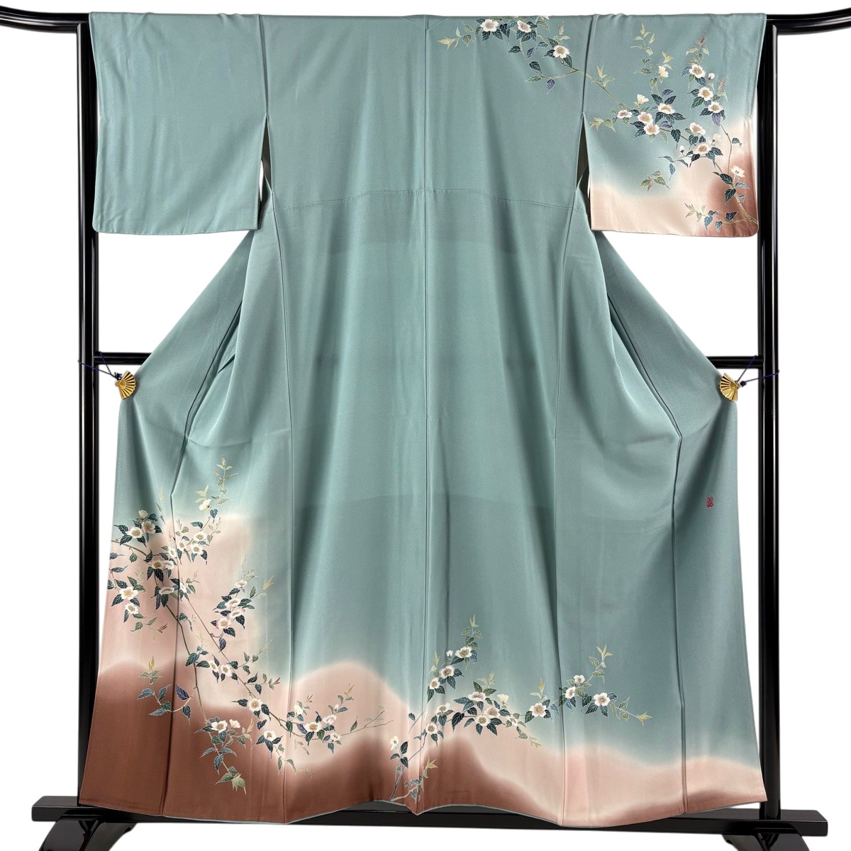 訪問着 身丈156.5cm 裄丈64cm M 袷 落款あり 枝花 ぼかし 灰緑 正絹 秀品 【中古】