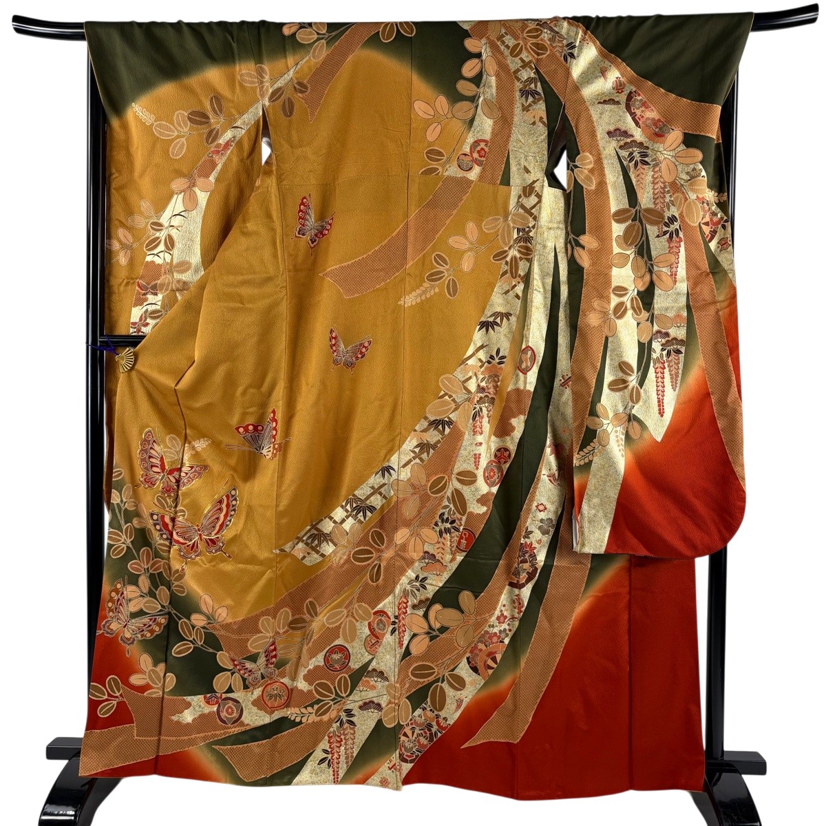 振袖 身丈164cm 裄丈67cm M 袷 蝶 萩 金銀彩 金糸 山吹茶色 正絹 秀品 【中古】
