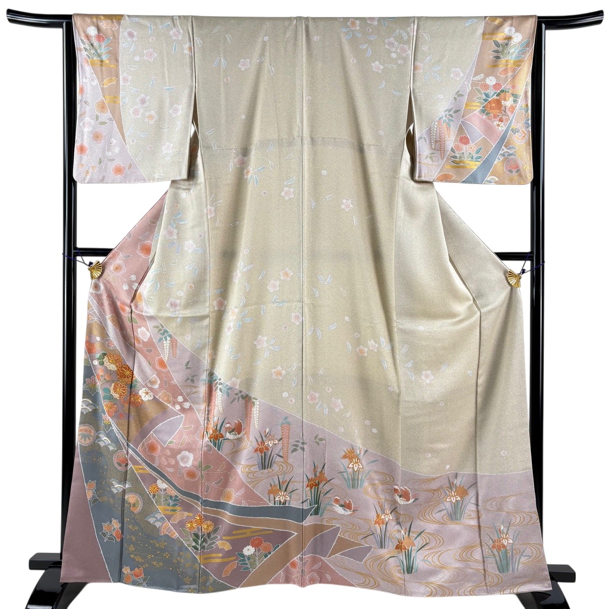訪問着 身丈163cm 裄丈64.5cm M 袷 草花 有職文様 金糸 金彩 ピンクベージュ 正絹 秀品 【中古】