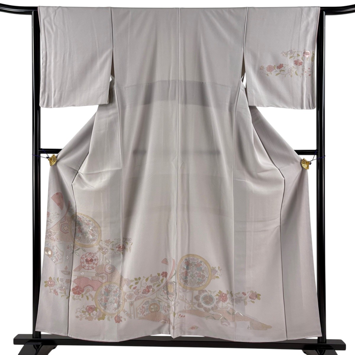 訪問着 身丈155.5cm 裄丈63.5cm S 袷 狩猟文 草花 刺繍 灰紫 正絹 秀品 【中古】