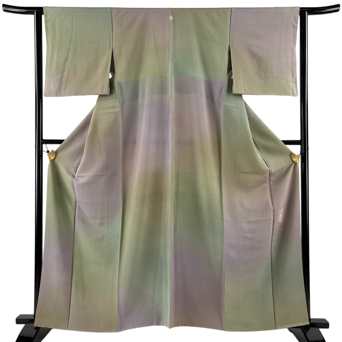 【美品】 小紋 身丈160.5cm 裄丈63cm S 袷 斉藤三才 落款あり ぼかし柄 灰緑 正絹 秀品 一つ紋 【中古】