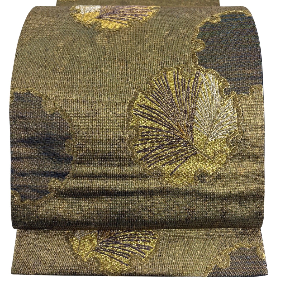 袋帯 名品 雪輪 若松 箔 金糸 金茶 六通 正絹 【中古】