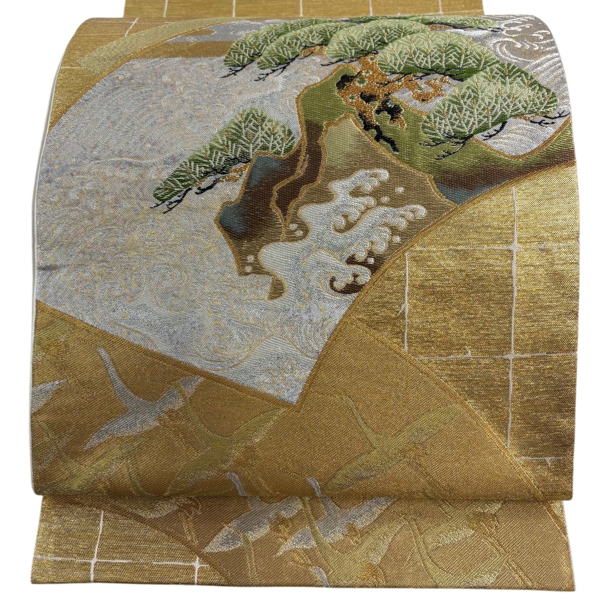 袋帯 名品 川島織物 落款あり 笠松 波頭 金糸 箔 金色 お太鼓柄 正絹 【中古】