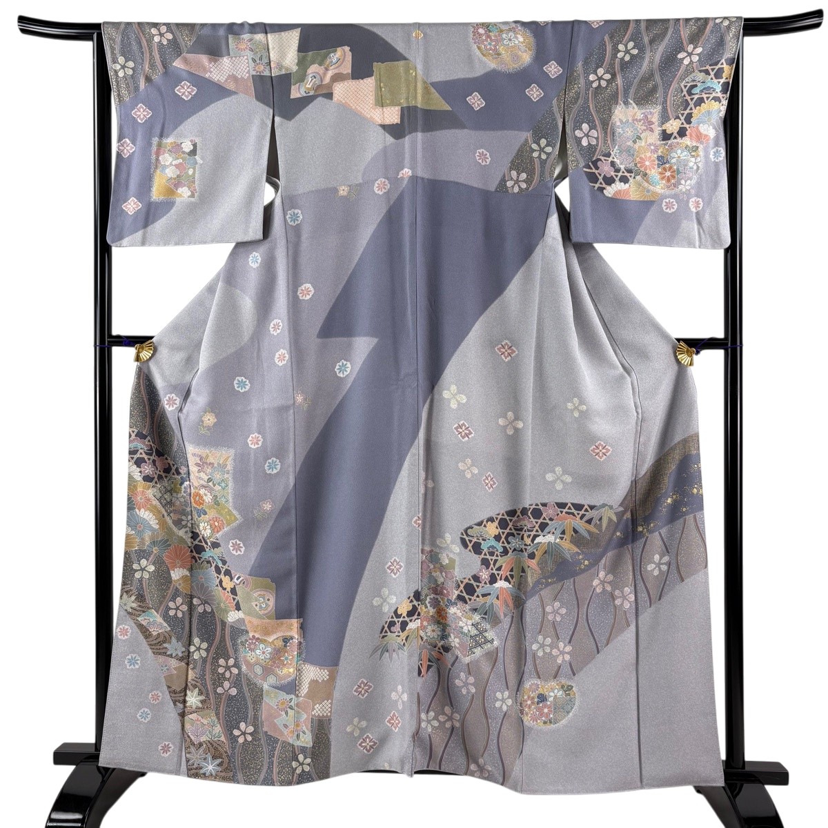 訪問着 身丈161cm 裄丈65cm M 袷 扇面 菊 金糸 金彩 青灰色 正絹 名品 一つ紋 【中古】