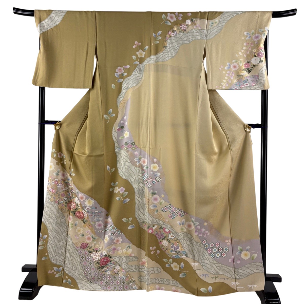 訪問着 身丈168cm 裄丈68.5cm L 袷 雪輪 草花 金糸 金彩 茶緑色 正絹 名品 【中古】
