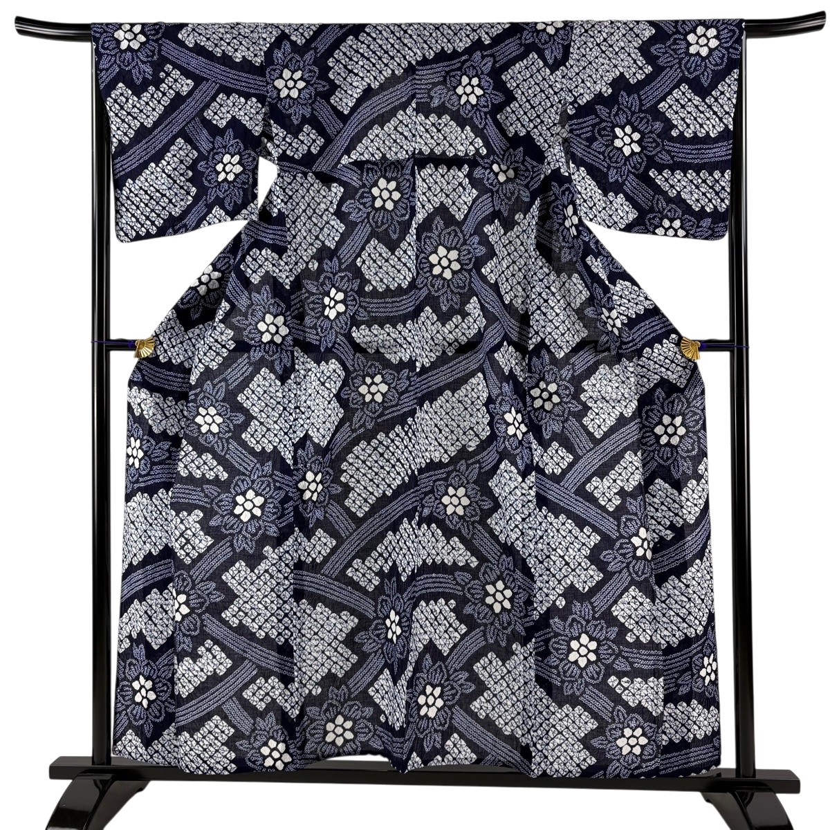 【美品】 浴衣 身丈155cm 裄丈66cm M 絞り浴衣 草花 濃紺 綿 名品 【中古】
