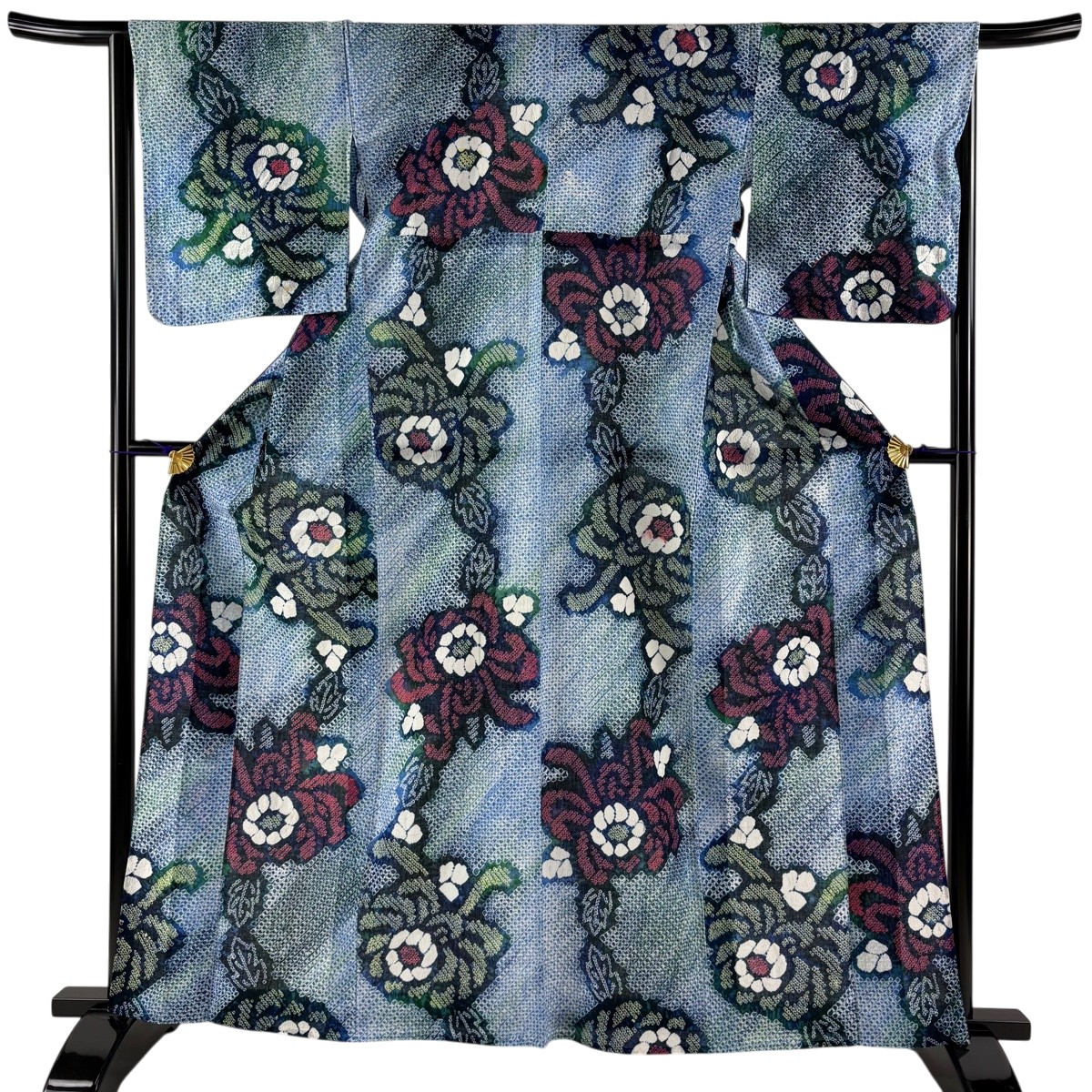 浴衣 身丈163cm 裄丈64cm M 絞り浴衣 草花 青 綿 名品 【中古】