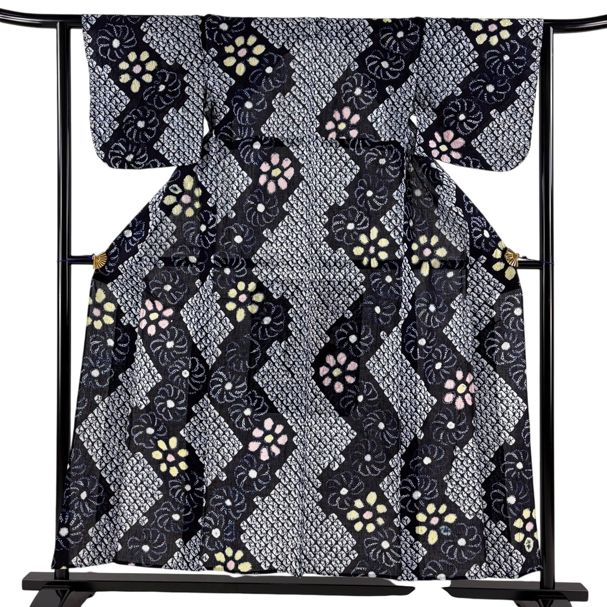 【美品】 浴衣 身丈155cm 裄丈62cm S 絞り浴衣 花 濃紺 綿 名品 【中古】