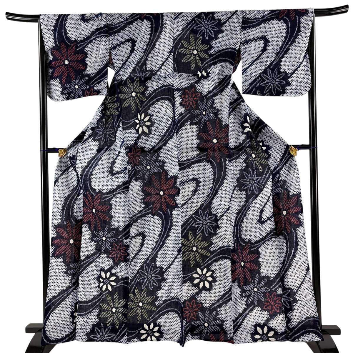 【美品】 浴衣 身丈160.5cm 裄丈67cm M 絞り浴衣 花 紺色 綿 名品 【中古】