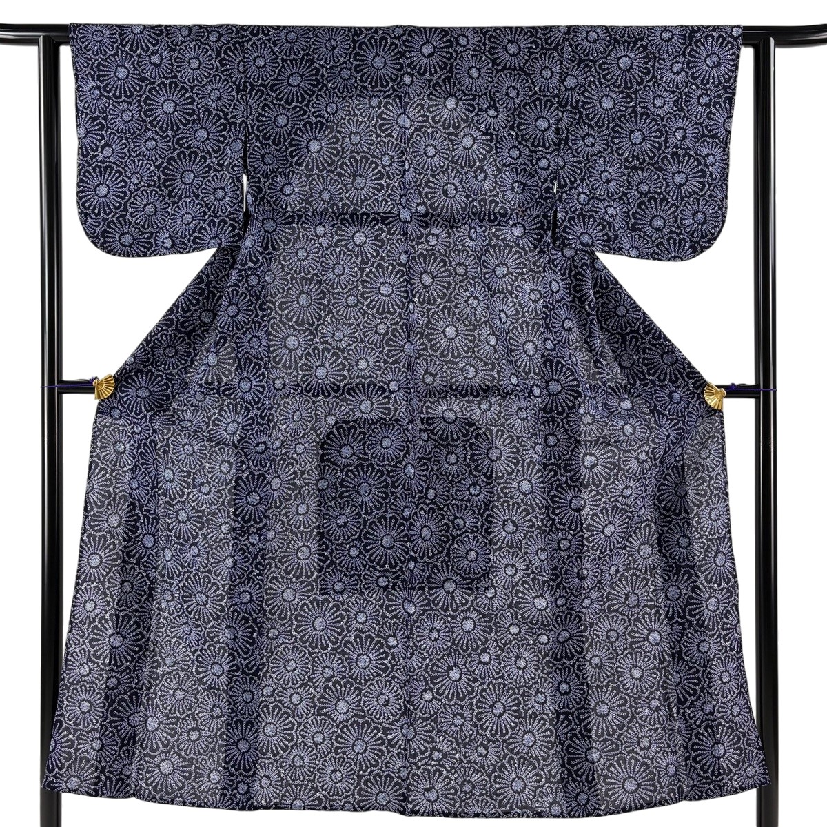 【美品】 浴衣 身丈146.5cm 裄丈61cm S 絞り浴衣 菊尽くし 濃紺 綿 名品 【中古】