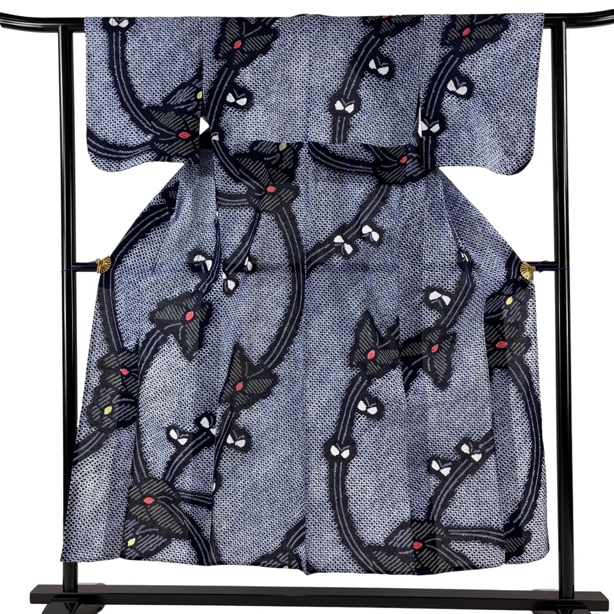 【美品】 浴衣 身丈151cm 裄丈60cm S 絞り浴衣 草花 蝶 紺色 綿 名品 【中古】