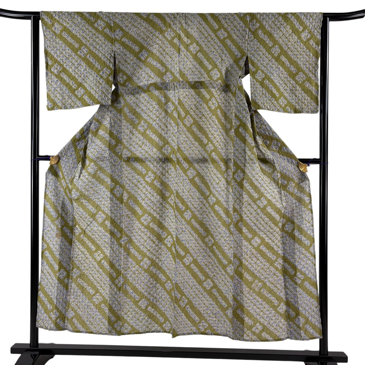 浴衣 身丈148cm 裄丈63.5cm S 絞り浴衣 斜縞 鶯色 綿 名品 【中古】
