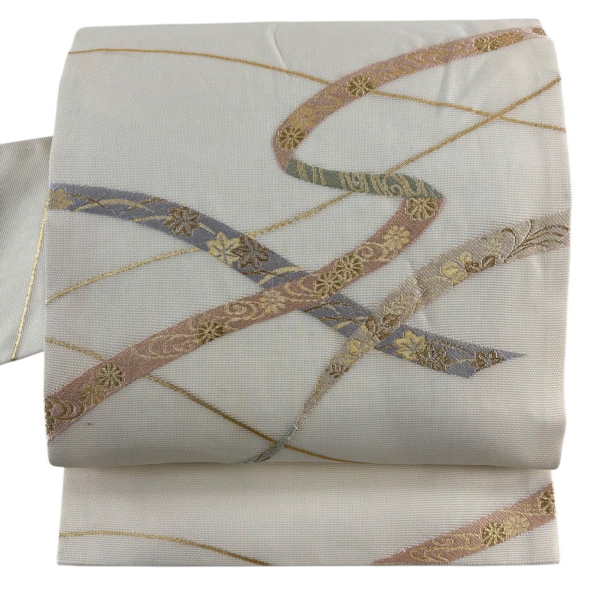 名古屋帯 秀品 夏帯 草花 蔓帯 金糸 箔 クリーム 正絹 【中古】