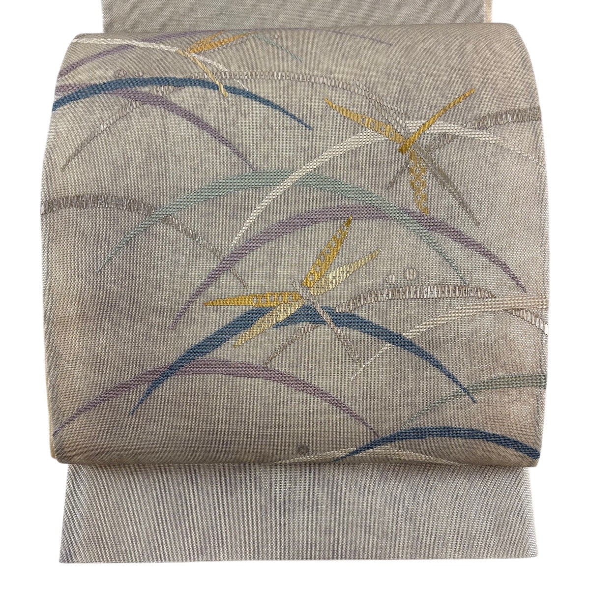 【美品】 袋帯 秀品 夏帯 とんぼ 葉柄 箔 灰茶 お太鼓柄 正絹 【中古】